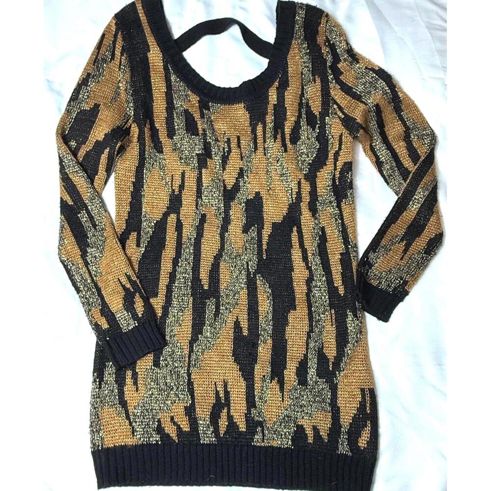 Lovemarks metallic knit tunic sweater. Brown, Black Gold Sz Medium. 80's style.‎
